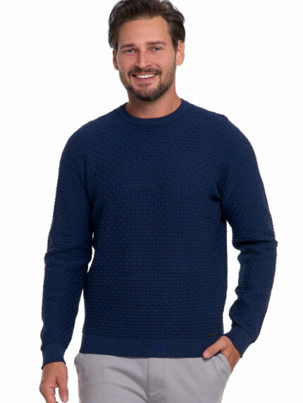 Bawełniany granatowy męski sweter z teksturą w kratkę