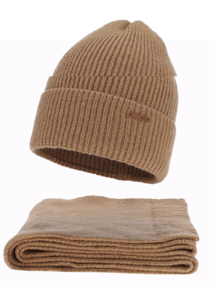 Czapka i szalik damski, zimowy komplet, camel, z wełną merino