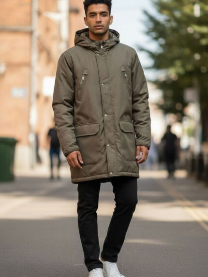 Męska zimowa kurtka przedłużana z kapturem