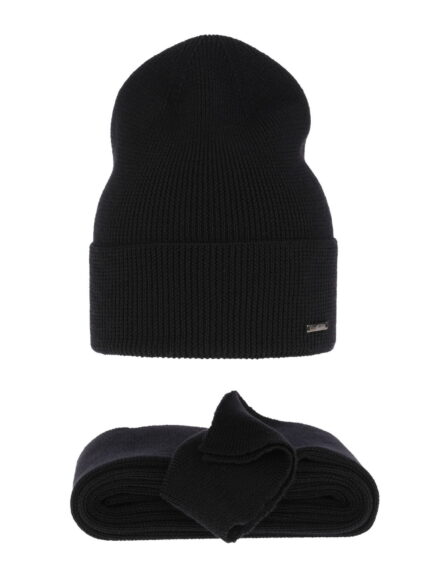 Czapka i szalik damski zimowy komplet, czarny, 100% wełniany merino Melpomena