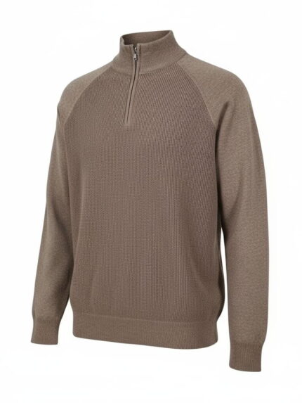 Bawełniany beżowy sweter męski golf z zamkiem