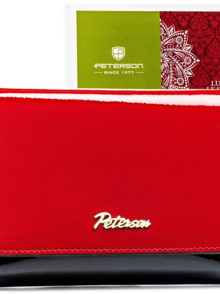 Czerwono-czarny portfel damski z sekcją na bilon zamykaną na bigiel - Peterson