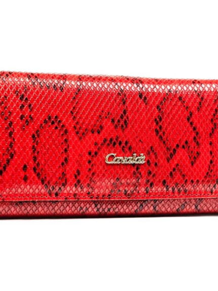Czerwony portfel damski na zatrzask z wężowym wzorem - Cavaldi