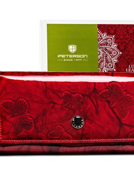 Czerwony lakierowany portfel damski w motyle na karty - Peterson