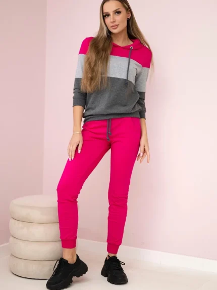 Komplet w kolorowe pasy fuksja+szary