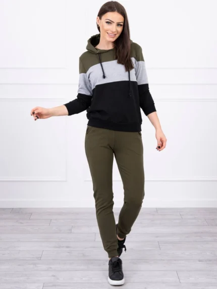 Komplet w kolorowe pasy khaki+szary