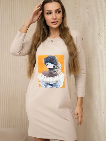 Sukienka z grafiką 3D, koronka beżowa
