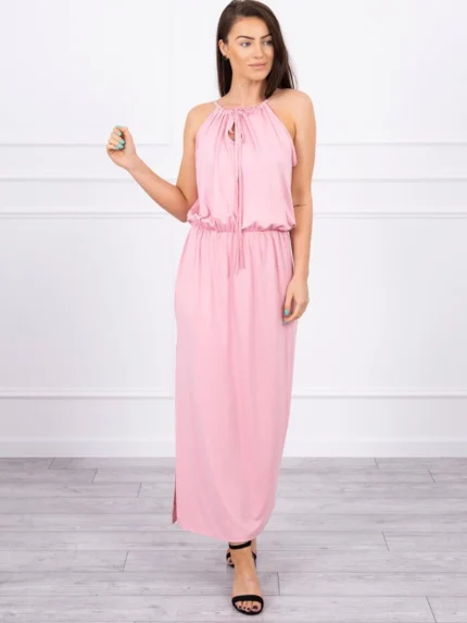 Sukienka boho z rozporkiem pudrowy róż
