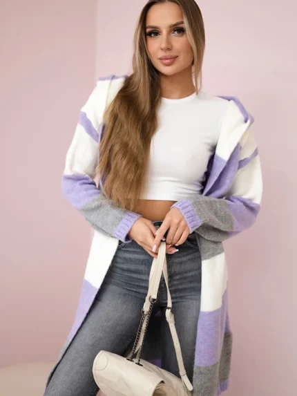 Sweter w pasy trzykolorowy ecru+fioletowy+szary