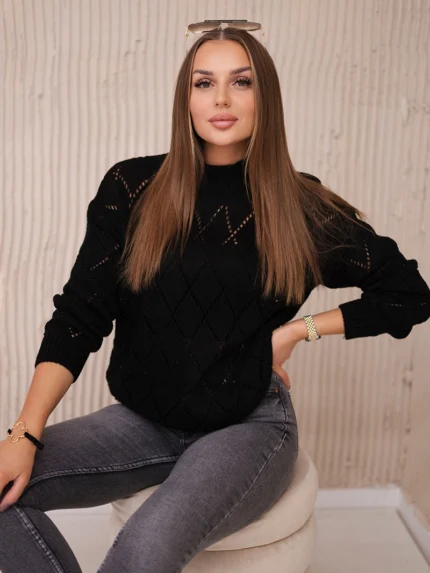 Sweter z półgolfem i wzorem w romby czarny