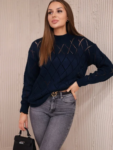 Sweter z półgolfem i wzorem w romby granatowy