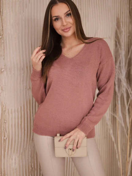 Sweter z dekoltem V ciemny różowy