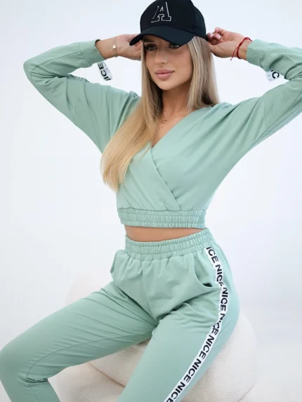 Komplet z ozdobnymi taśmami ciemno miętowy