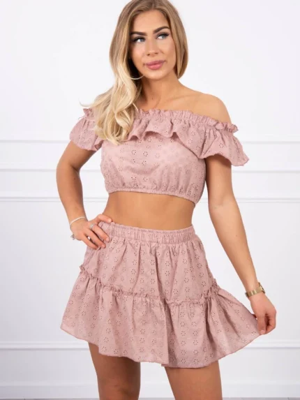 Komplet haftowany z bluzką hiszpanką cappuccino