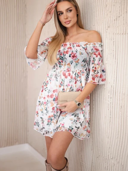 Sukienka hiszpanka z motywem kwiatowym ecru