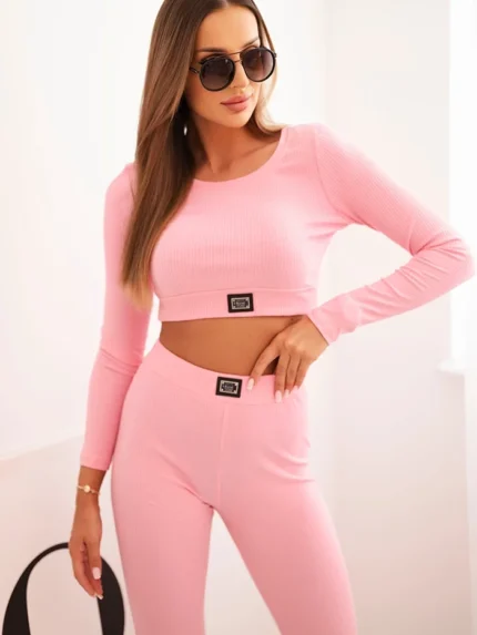 Komplet z bluzką top prążkowany jasny różowy