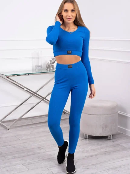 Komplet z bluzką top prążkowany chabrowy