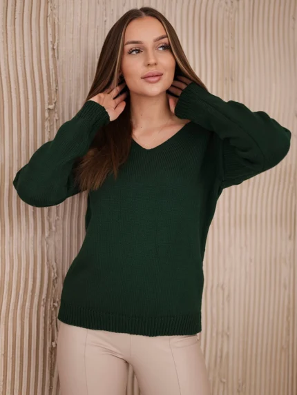 Sweter z dekoltem V ciemno zielony