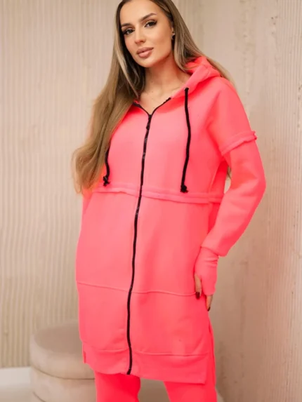 Komplet ocieplany z długą bluzą różowy neon