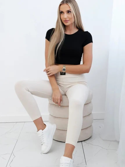 Legginsy w prążek z wysokim stanem jasno beżowe