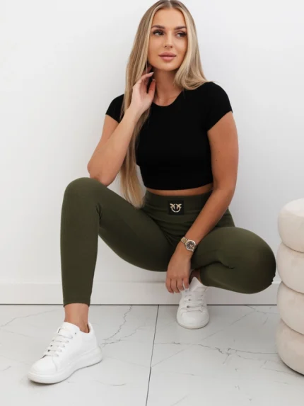 Legginsy w prążek z wysokim stanem khaki