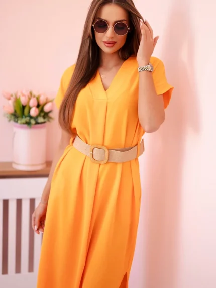 Sukienka z ozdobnym paskiem pomarańczowa