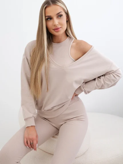 Komplet 3-częściowy bluza + top + legginsy jasny beżowy