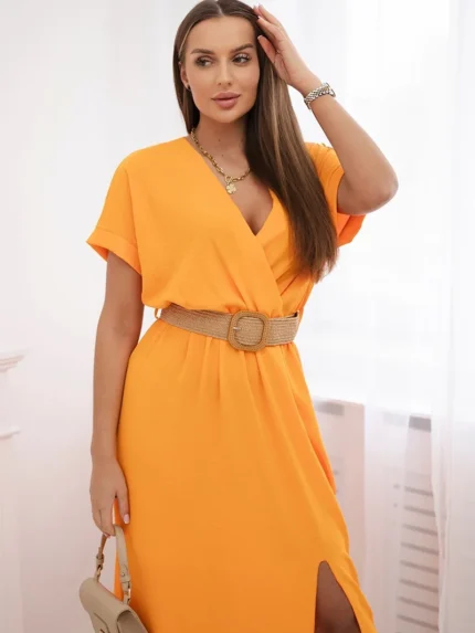 Sukienka długa z ozdobnym paskiem pomarańczowa