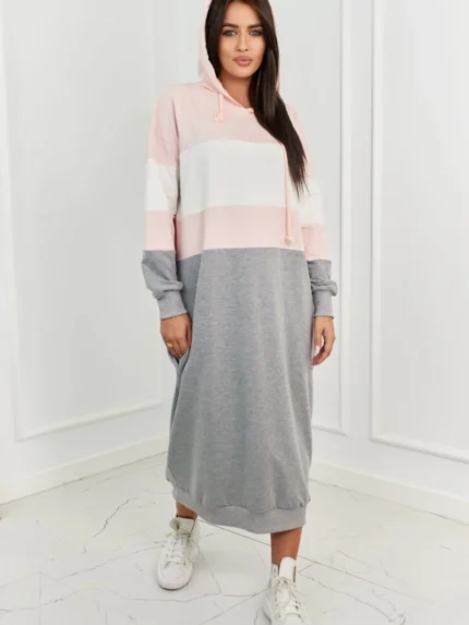 Sukienka trzykolorowa z kapturem pudrowy róż + ecru + szary