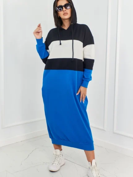 Sukienka trzykolorowa z kapturem czarny + ecru + chabrowy