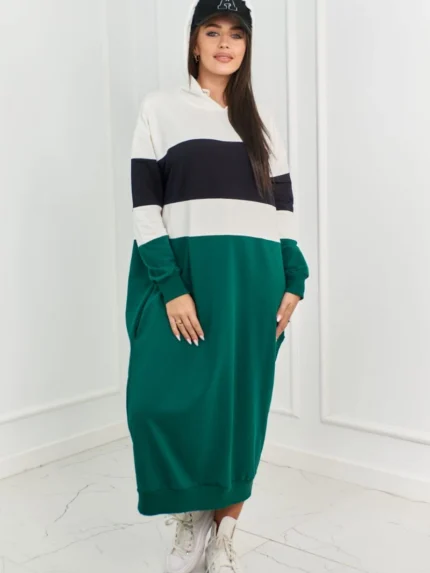 Sukienka trzykolorowa z kapturem ecru + czarny + ciemny zielony