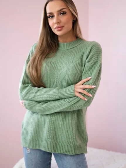 Sweter wkładany przez głowę z modnym splotem ciemny miętowy