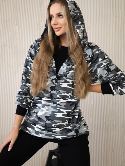 Komplet 3-częściowy moro bluza, top i legginsy szary + czarny