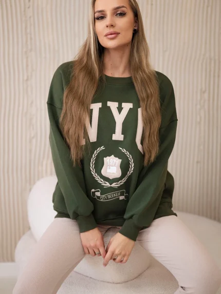 Komplet bawełniany bluza ocieplana + legginsy khaki
