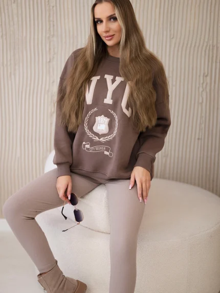 Komplet bawełniany bluza ocieplana + legginsy brązowy