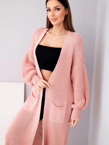 Sweter długi kardigan pudrowy róż