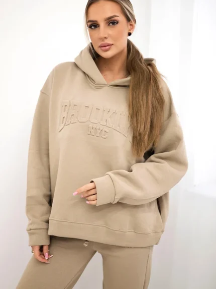 Komplet bawełniany ocieplany bluza + spodnie Brooklyn jasny beżowy