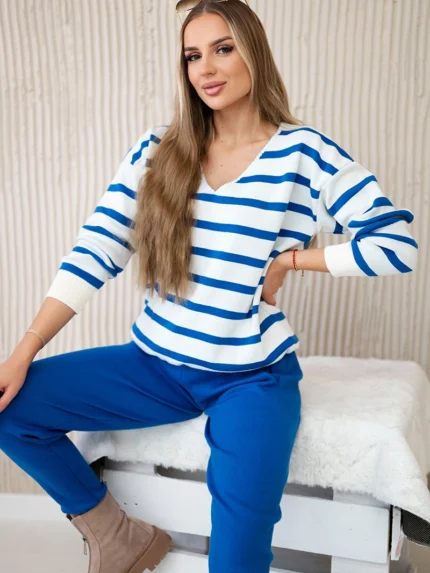 Komplet sweterkowy Bluza w paski + Spodnie chabrowy