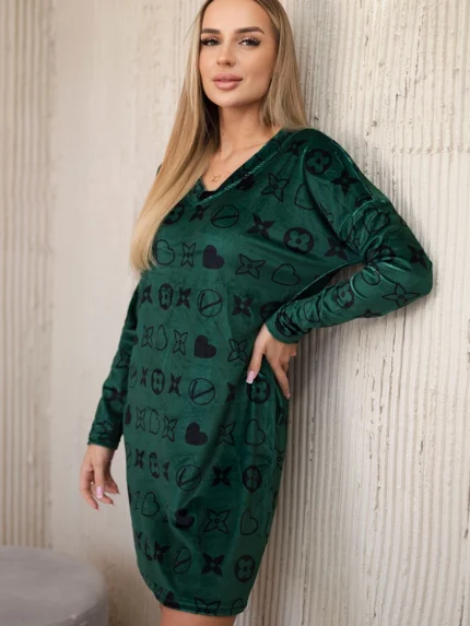 Sukienka welurowa z ozdobnym wzorem zielony + czarny