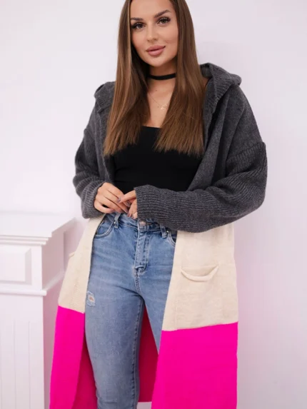 Sweter Kardigan z kapturem w pasy grafitowy+beżowy+różowy neon