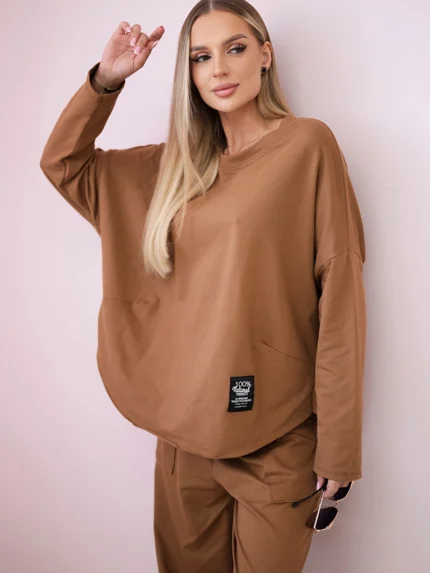 Komplet bawełniany bluza + spodnie camelowy