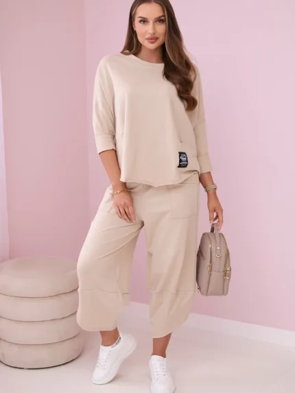 Komplet bawełniany bluza + spodnie beżowy