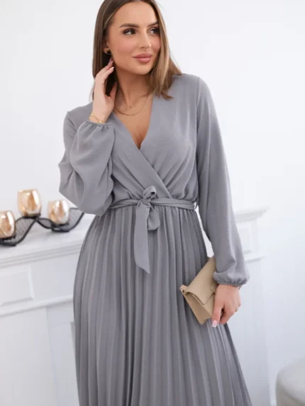 Sukienka wiązana z plisowanym dołem szara