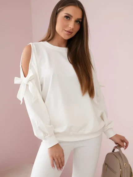 Komplet bluzy z kokardą na rękawach i legginsów ecru