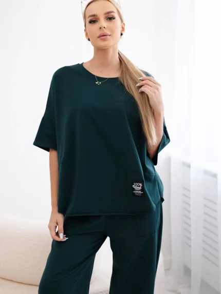 Komplet bawełniany bluzka + spodnie ciemno zielony