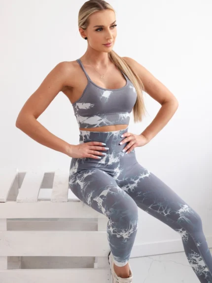 Komplet fitness top + legginsy push up szary + biały