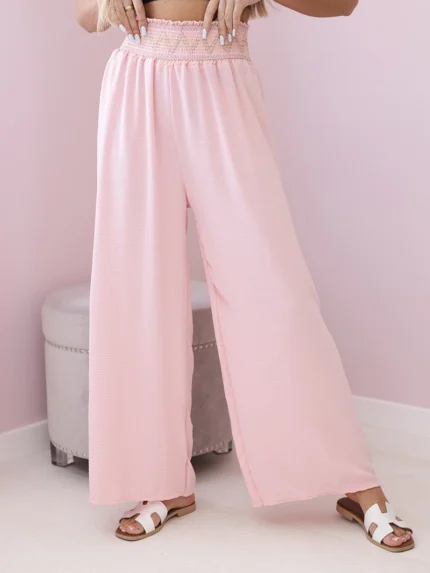 Spodnie z szeroką gumą w pasie pudrowy róż