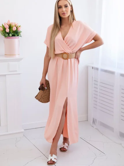 Sukienka długa z ozdobnym paskiem morelowa