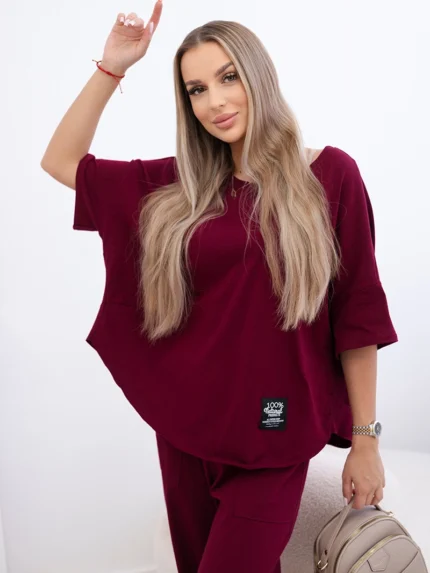 Komplet bawełniany bluzka + spodnie bordowy