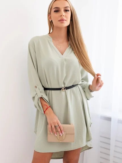 Sukienka z dłuższym tyłem i paskiem ciemno miętowa